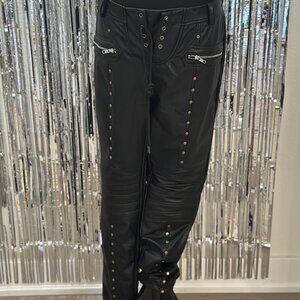 NWOT black Faux Leather Skinny Biker Pant lace up crotch and studs Women size XL